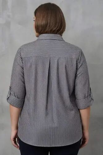 Trend42plus Plus Size Striped Pocket Mesh and Stone Detailed Brown Shirt - 5