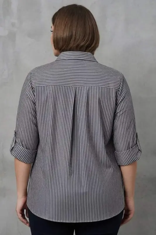 Trend42plus Plus Size Striped Pocket Mesh and Stone Detailed Brown Shirt - 5