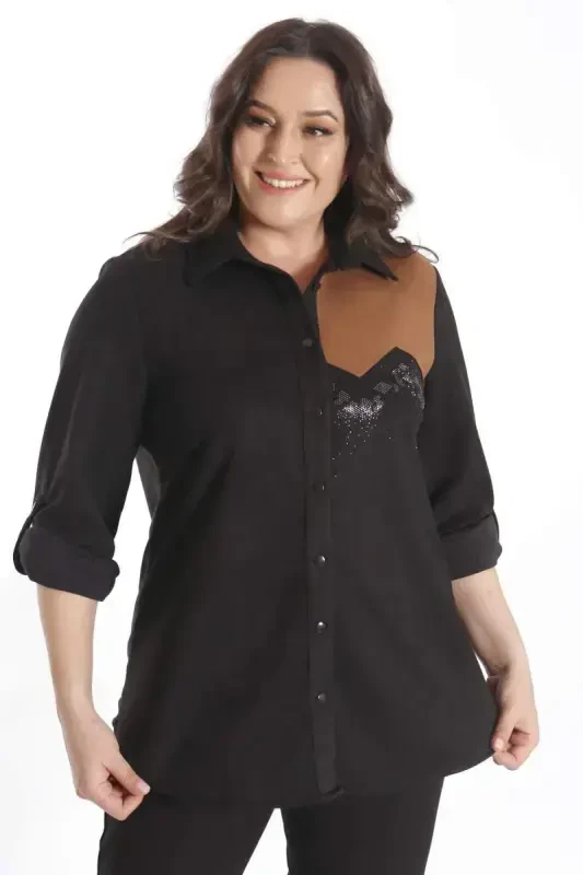 Trend42plus Plus Size Suede Stone Print Black Shirt - 3