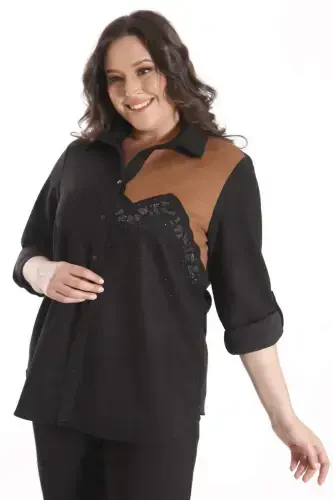 Trend42plus Plus Size Suede Stone Print Black Shirt - 5