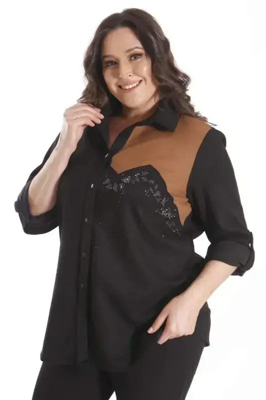 Trend42plus Plus Size Suede Stone Print Black Shirt - 1