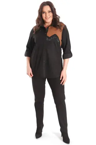 Trend42plus Plus Size Suede Stone Print Black Shirt - BÜYÜKBEDENIZ (1)