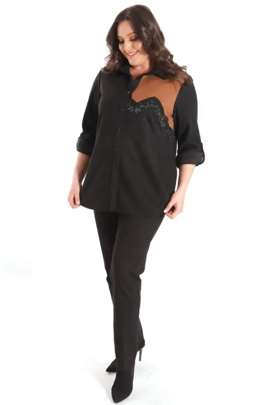 Trend42plus Plus Size Suede Stone Print Black Shirt - 4