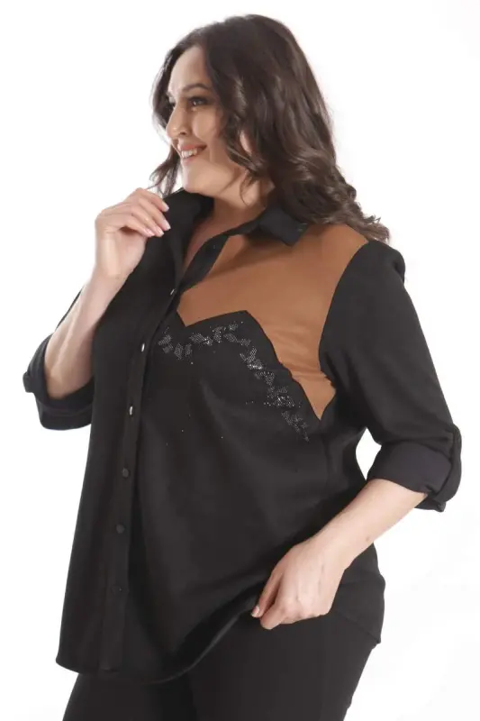 Trend42plus Plus Size Suede Stone Print Black Shirt - 6