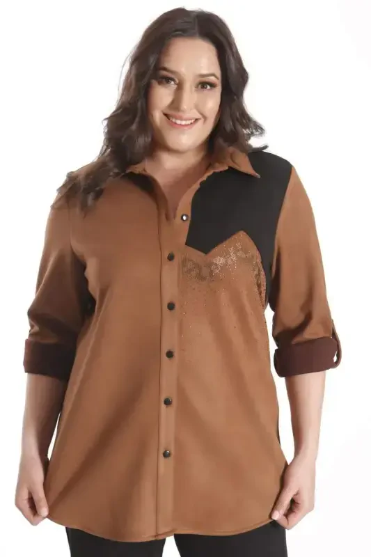 Trend42plus Plus Size Suede Stone Printed Camel Shirt - 1