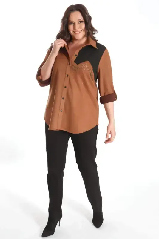Trend42plus Plus Size Suede Stone Printed Camel Shirt - 4