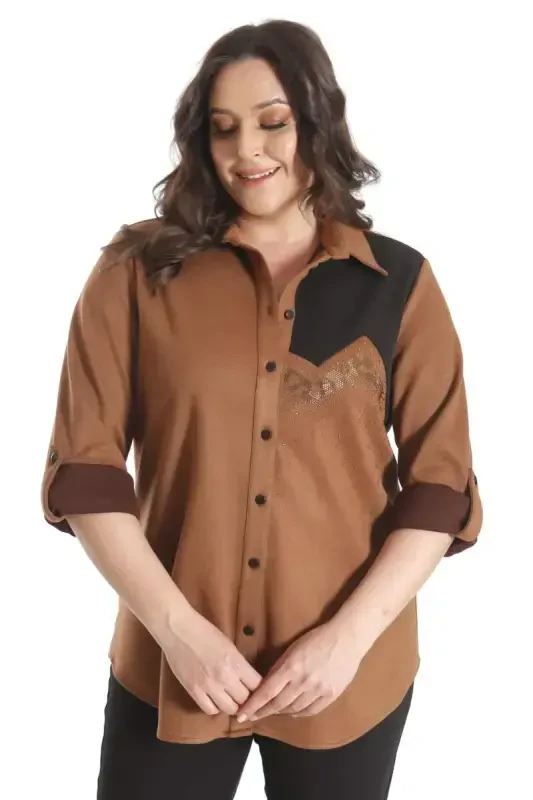 Trend42plus Plus Size Suede Stone Printed Camel Shirt - 6