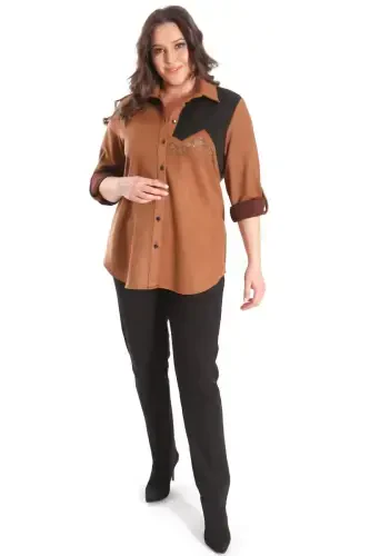 Trend42plus Plus Size Suede Stone Printed Camel Shirt - BÜYÜKBEDENIZ (1)