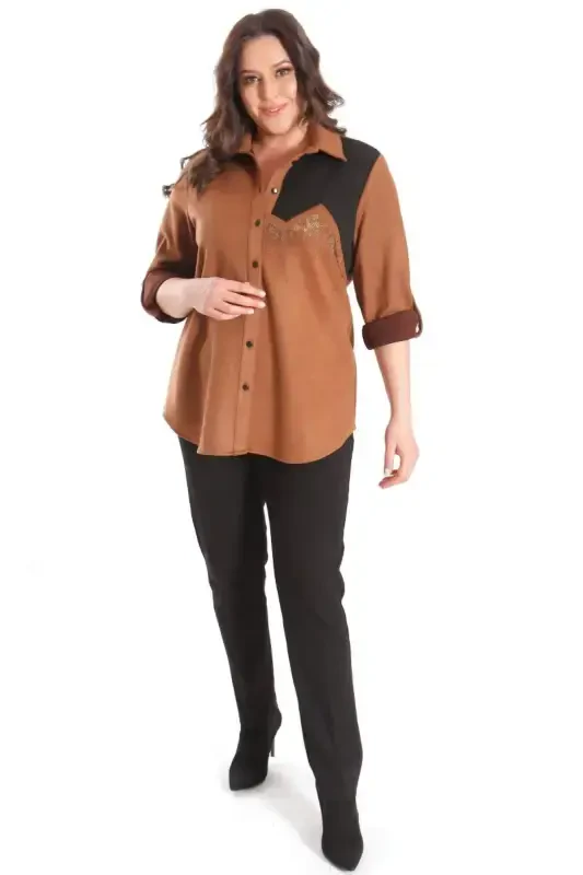 Trend42plus Plus Size Suede Stone Printed Camel Shirt - 2