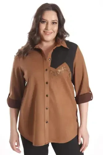 Trend42plus Plus Size Suede Stone Printed Camel Shirt - 5