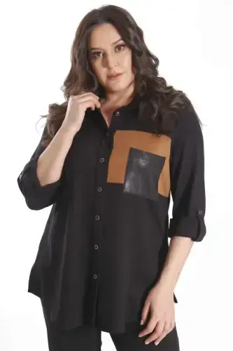 Trend42plus Plus Size Suede Trimmed Knitted Black Shirt - 1