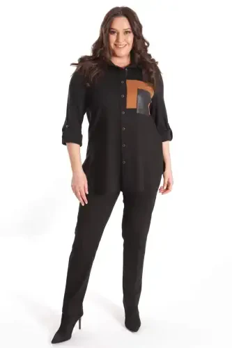 Trend42plus Plus Size Suede Trimmed Knitted Black Shirt - 2