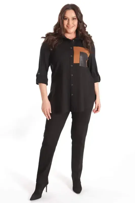 Trend42plus Plus Size Suede Trimmed Knitted Black Shirt - 2
