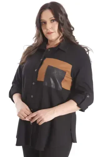 Trend42plus Plus Size Suede Trimmed Knitted Black Shirt - 3