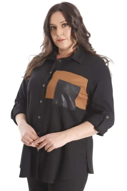 Trend42plus Plus Size Suede Trimmed Knitted Black Shirt - 3