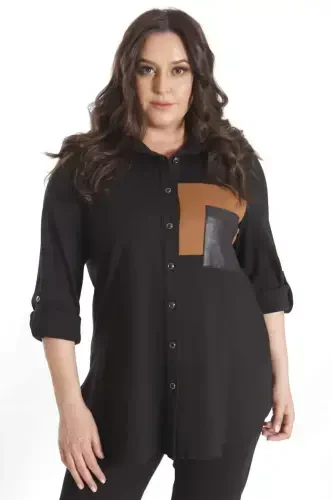 Trend42plus Plus Size Suede Trimmed Knitted Black Shirt - 5