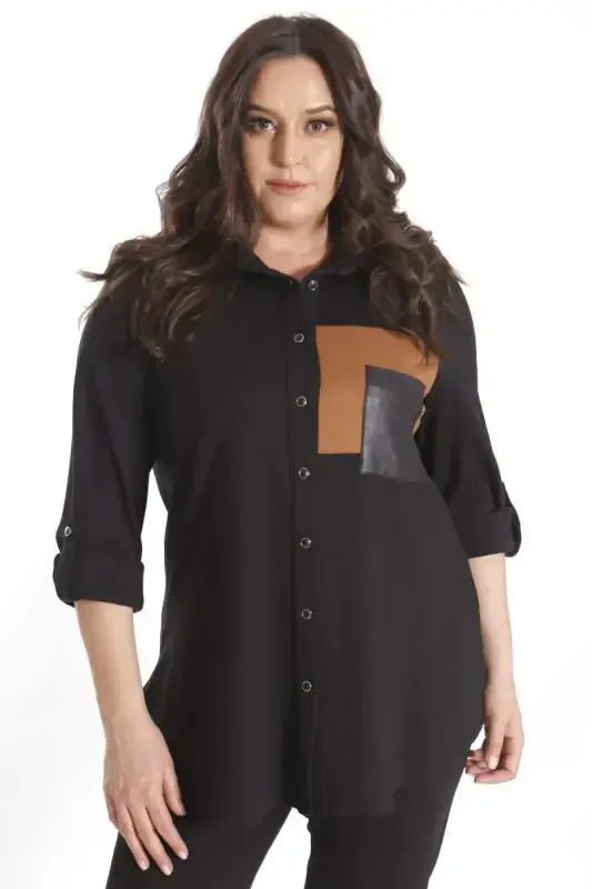 Trend42plus Plus Size Suede Trimmed Knitted Black Shirt - 5