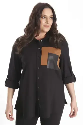 Trend42plus Plus Size Suede Trimmed Knitted Black Shirt - 6