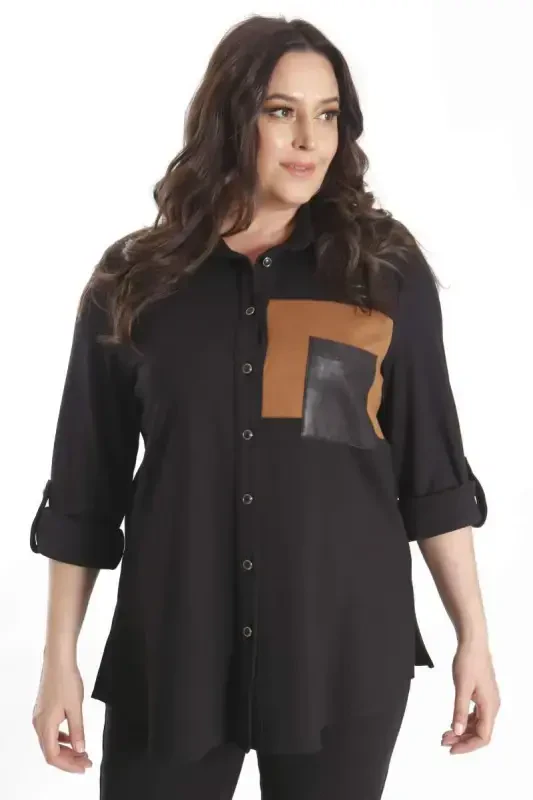 Trend42plus Plus Size Suede Trimmed Knitted Black Shirt - 6