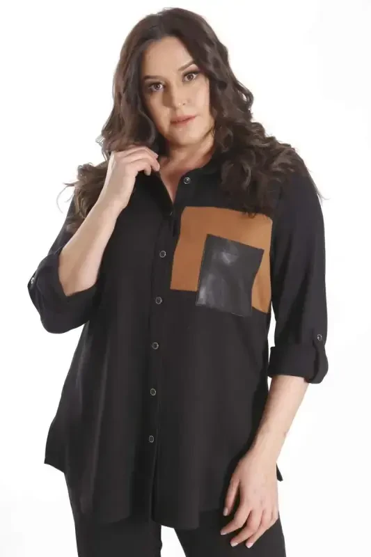 Trend42plus Plus Size Suede Trimmed Knitted Black Shirt - BÜYÜKBEDENIZ