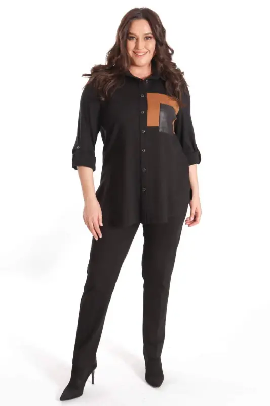 Trend42plus Plus Size Suede Trimmed Knitted Black Shirt - 2