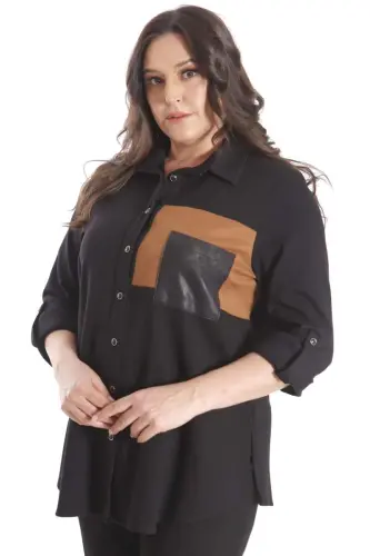 Trend42plus Plus Size Suede Trimmed Knitted Black Shirt - 3