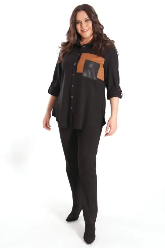 Trend42plus Plus Size Suede Trimmed Knitted Black Shirt - 4