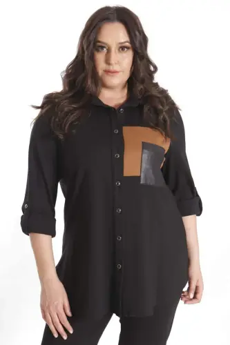 Trend42plus Plus Size Suede Trimmed Knitted Black Shirt - 5