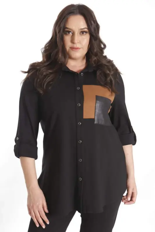 Trend42plus Plus Size Suede Trimmed Knitted Black Shirt - 5