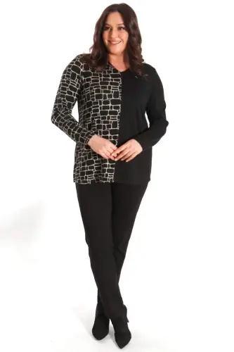Trend42plus Plus Size V-Neck Patterned Black Blouse - BÜYÜKBEDENIZ (1)