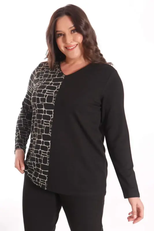 Trend42plus Plus Size V-Neck Patterned Black Blouse - 6