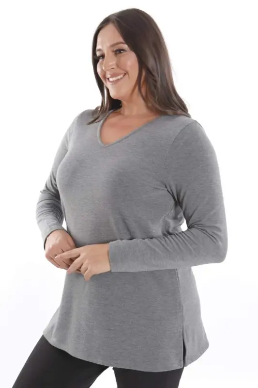 Trend42plus Plus Size V-Neck Slit Detail Basic Anthracite Blouse - 1
