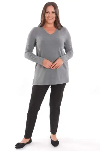 Trend42plus Plus Size V-Neck Slit Detail Basic Anthracite Blouse - BÜYÜKBEDENIZ (1)