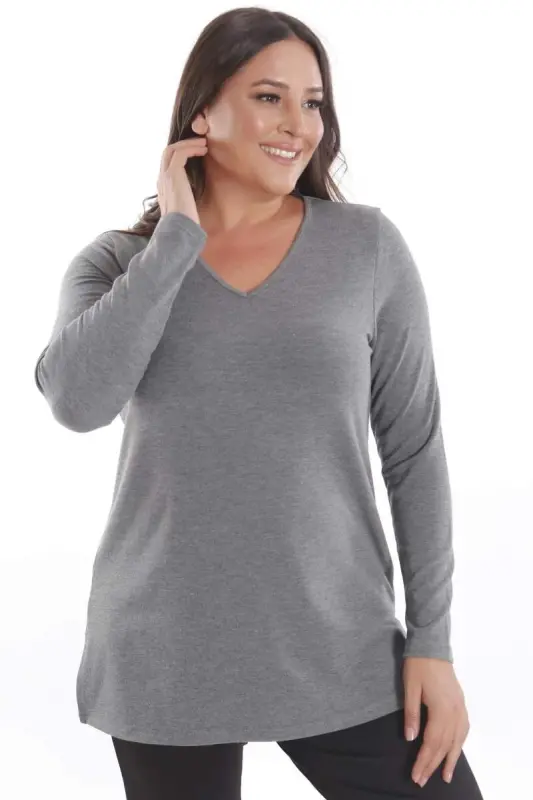 Trend42plus Plus Size V-Neck Slit Detail Basic Anthracite Blouse - 3