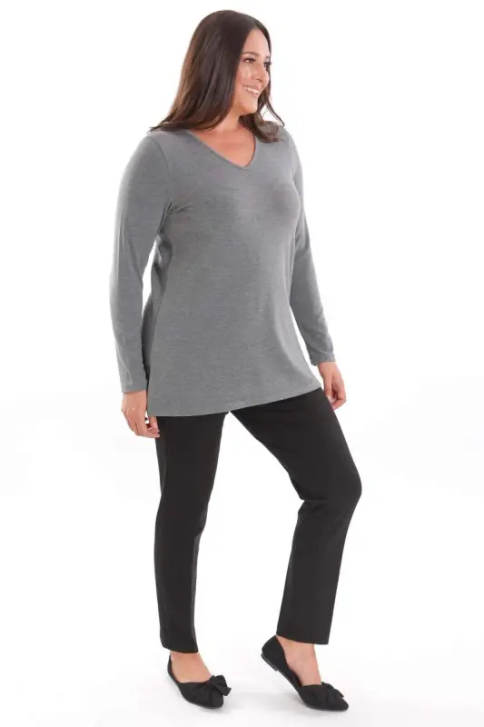 Trend42plus Plus Size V-Neck Slit Detail Basic Anthracite Blouse - 4