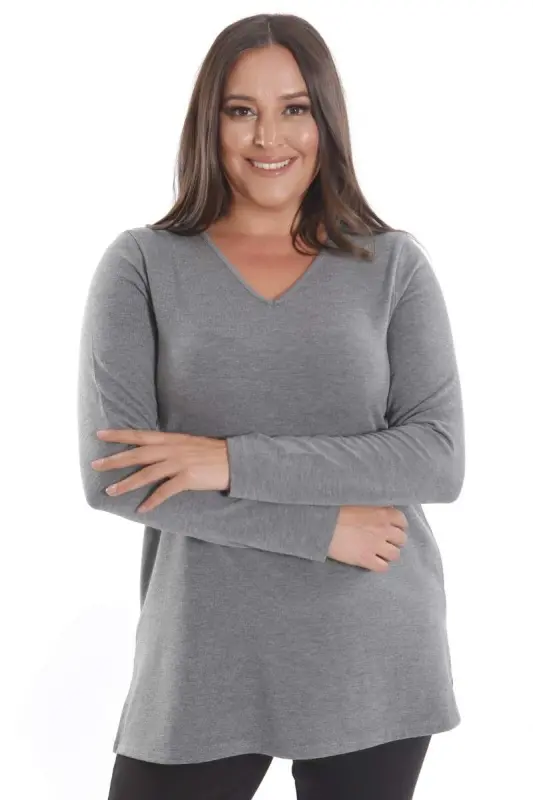 Trend42plus Plus Size V-Neck Slit Detail Basic Anthracite Blouse - 5