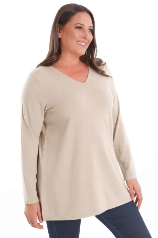 Trend42plus Plus Size V-Neck Slit Detail Basic Beige Blouse - 1