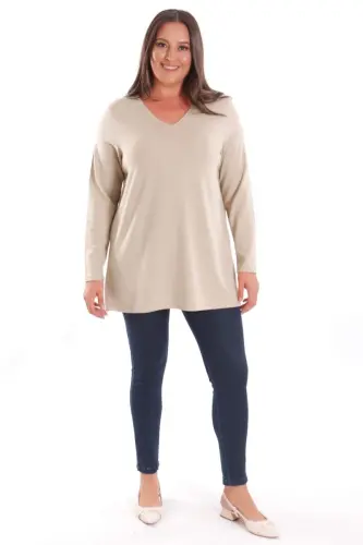 Trend42plus Plus Size V-Neck Slit Detail Basic Beige Blouse - BÜYÜKBEDENIZ (1)