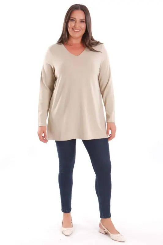 Trend42plus Plus Size V-Neck Slit Detail Basic Beige Blouse - 2