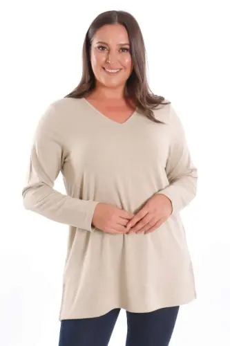 Trend42plus Plus Size V-Neck Slit Detail Basic Beige Blouse - 3