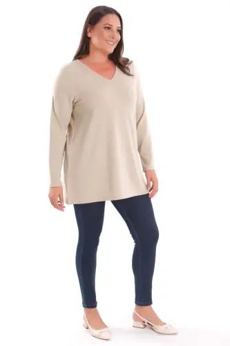 Trend42plus Plus Size V-Neck Slit Detail Basic Beige Blouse - 4