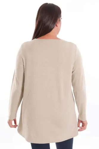 Trend42plus Plus Size V-Neck Slit Detail Basic Beige Blouse - 5
