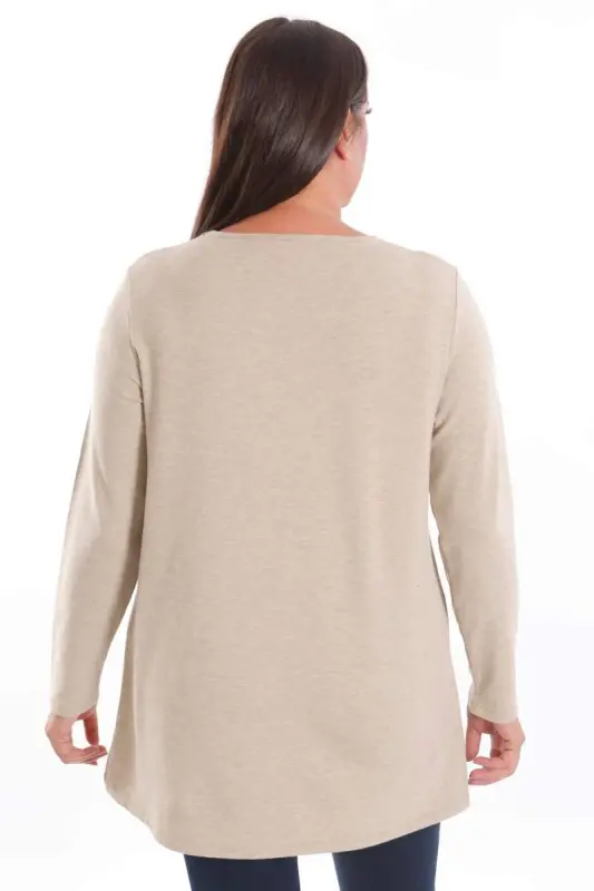 Trend42plus Plus Size V-Neck Slit Detail Basic Beige Blouse - 5