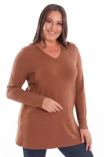 Trend42plus Plus Size V Neck Slit Detailed Basic Brown Blouse - 1