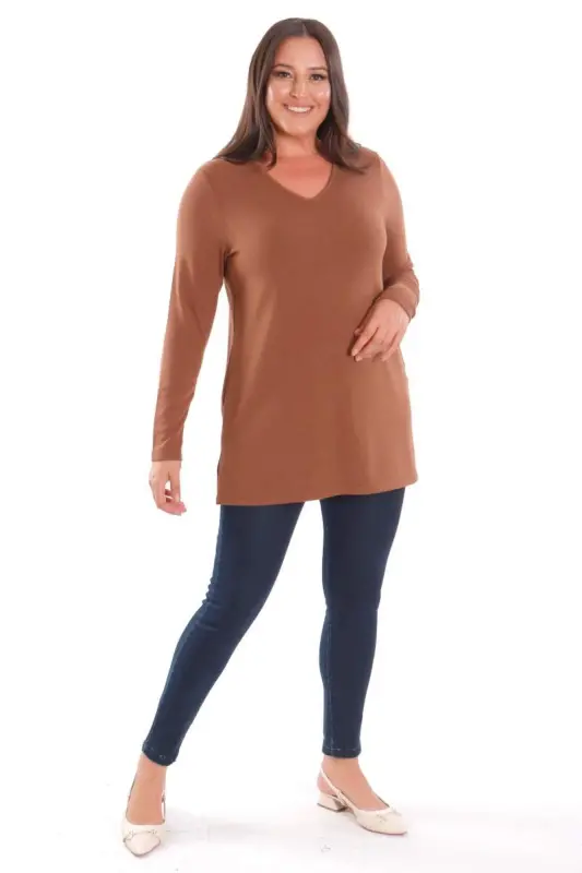 Trend42plus Plus Size V Neck Slit Detailed Basic Brown Blouse - 2