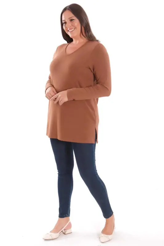 Trend42plus Plus Size V Neck Slit Detailed Basic Brown Blouse - 5