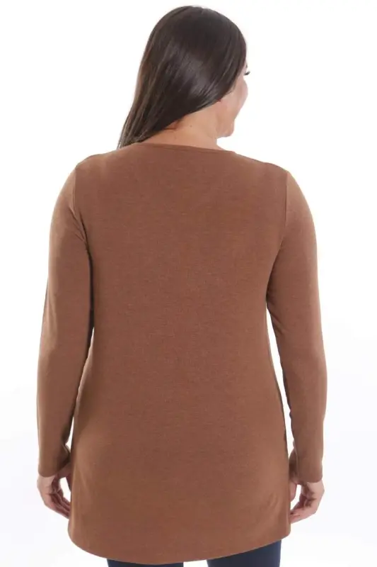 Trend42plus Plus Size V Neck Slit Detailed Basic Brown Blouse - 6