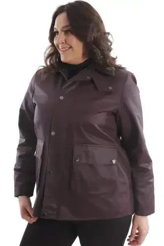 Trend42plus Plus Size Velvet Collar Snap Button Detailed Burgundy Coat - 5