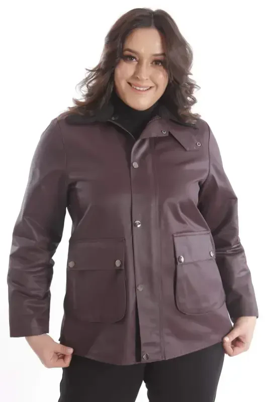 Trend42plus Plus Size Velvet Collar Snap Button Detailed Burgundy Coat - 1