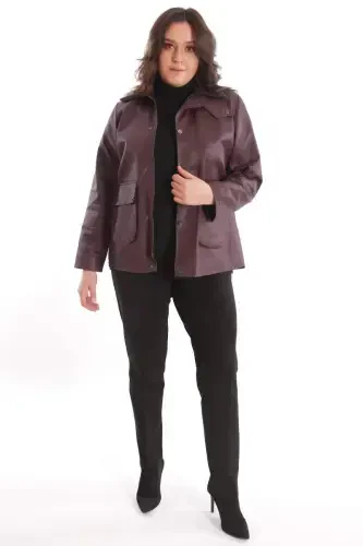 Trend42plus Plus Size Velvet Collar Snap Button Detailed Burgundy Coat - BÜYÜKBEDENIZ (1)